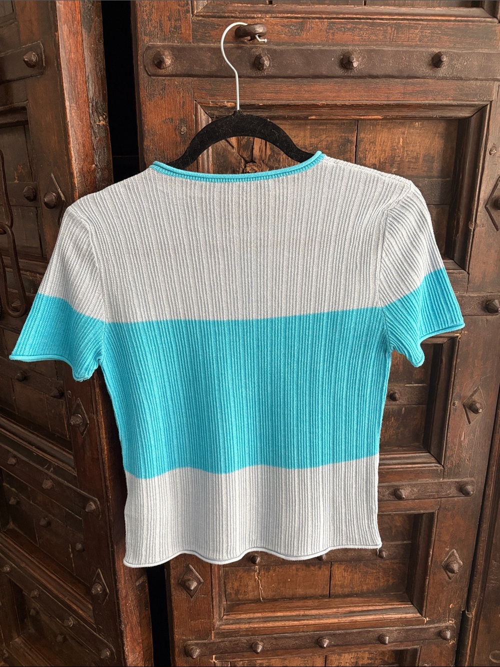 Zara Blue & White Ribbed Button-Front Short Sleeve Top - Picture 3 of 3